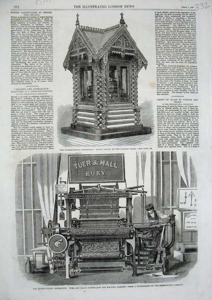 Old Antique Print 1862 Tuer Hall Power Loom Weaving Carpets Trophy Brush 19th
