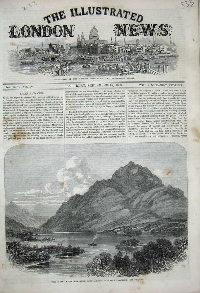 Old Antique Print 1869 Queen Scotland Loch Lomond Inch Tavanagh Mountains 19th