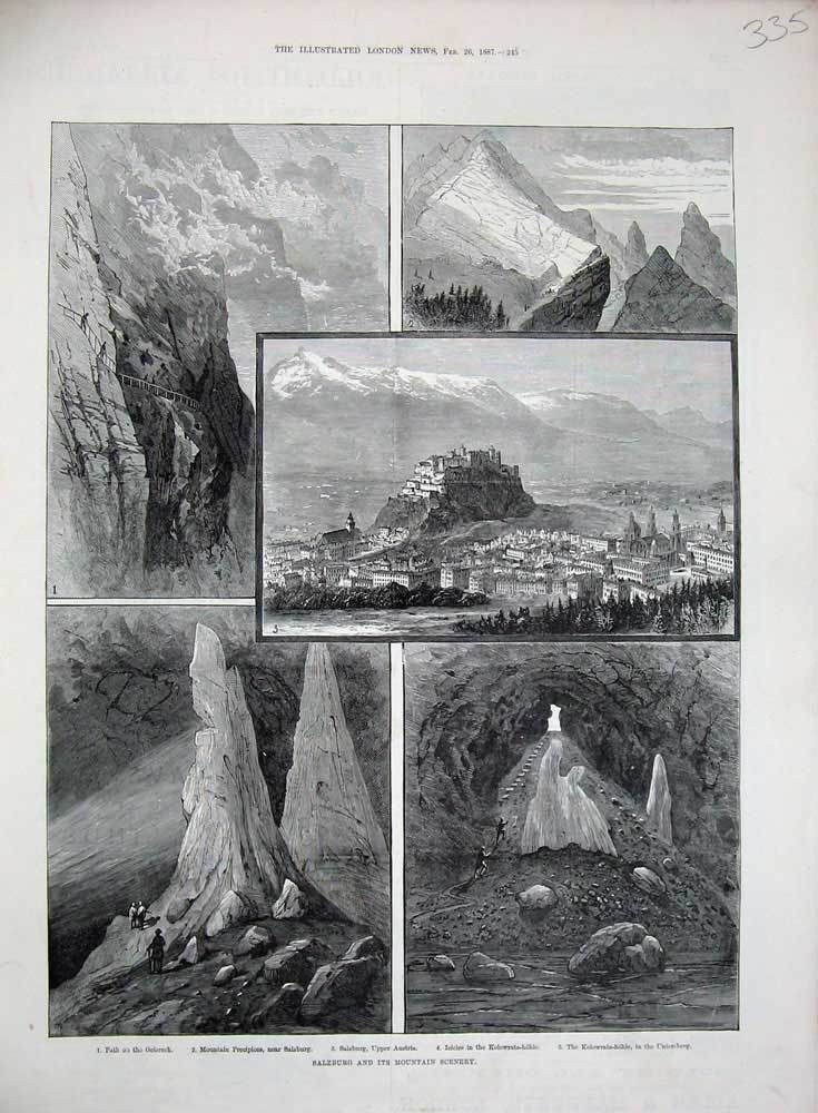 Old Antique Print 1887 Salburg Geiereek Mountains Austria Untersberg Art 19th