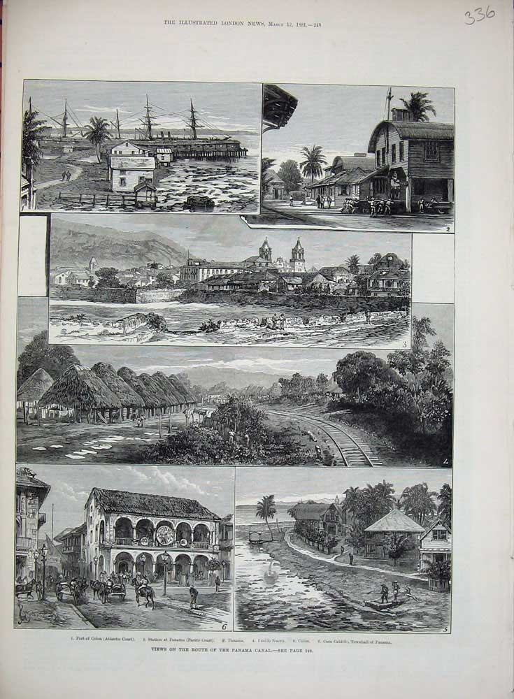 Original Old Antique Print Panama Canal 1881 Colon Pueblo Nuevo Townhall Casa