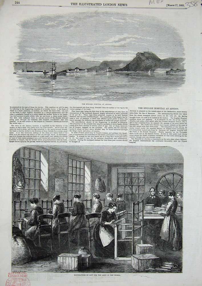 Original Old Antique Print 1855 English Hospital Abydos Manufacture Lint Crimea