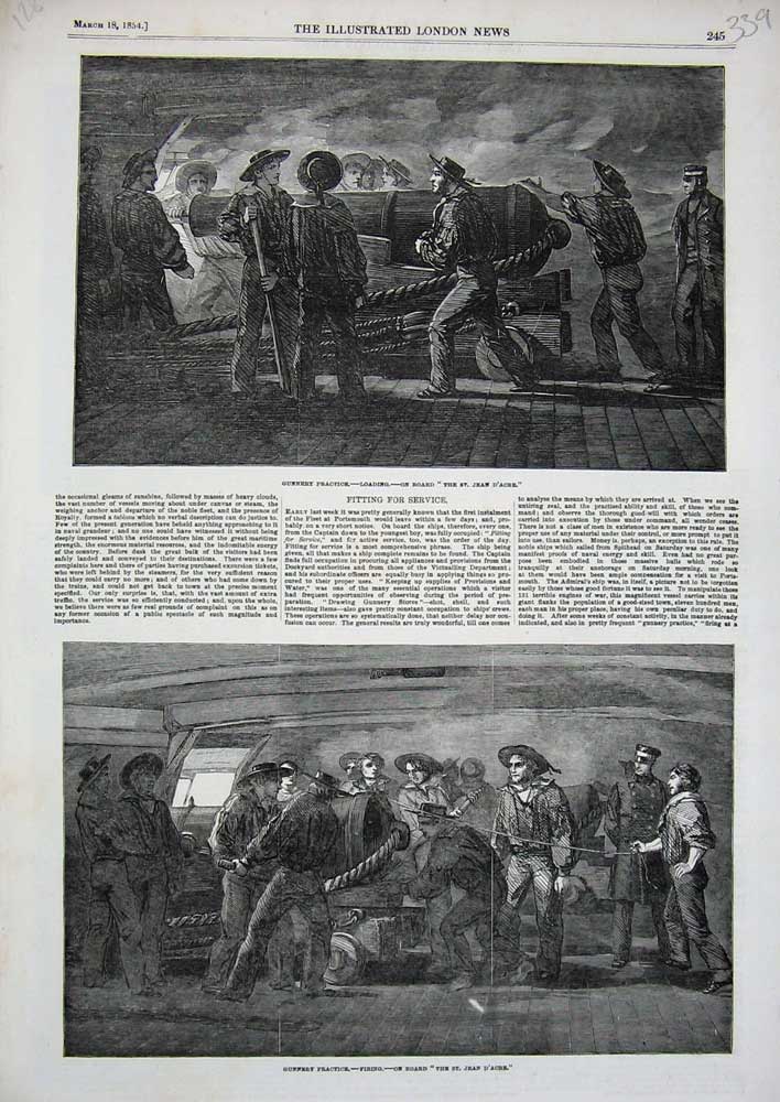 Old Antique Print 1854 Gunnery Practice Ship Jean D'Acre Loading War Navy 19th