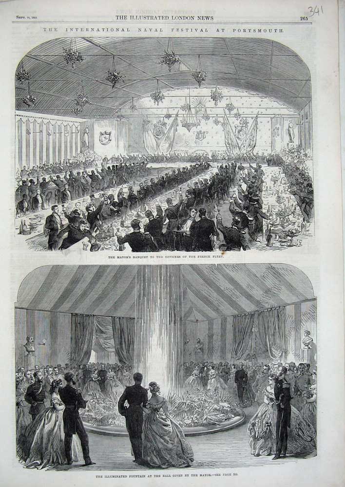 Old Antique Print 1865 Mayor Banquet Portsmouth Fountain Ball French Ship 19th