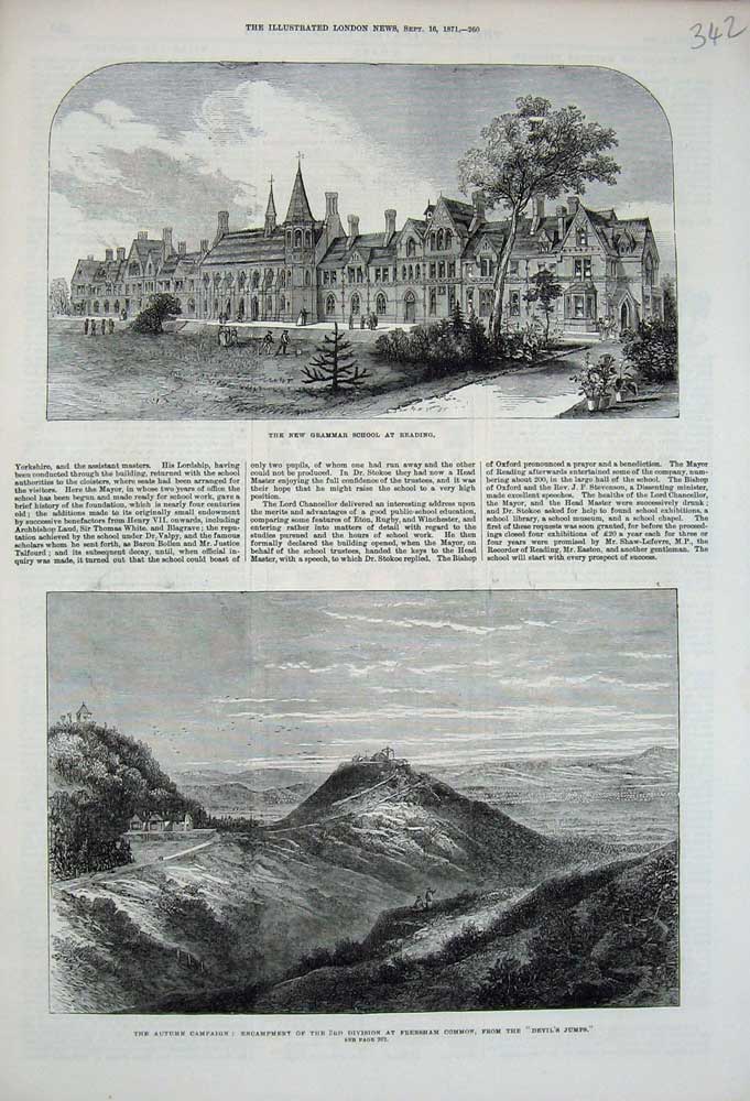 Old Antique Print Grammer School Reading 1871 Frensham Common Devil Jump 19th