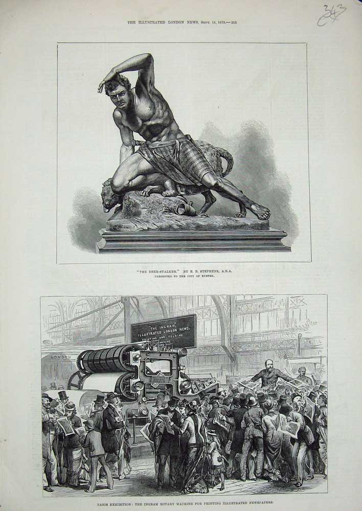Old Antique Print 1878 Statue Deer Stalker Ingram Rotary Machine Papers 19th