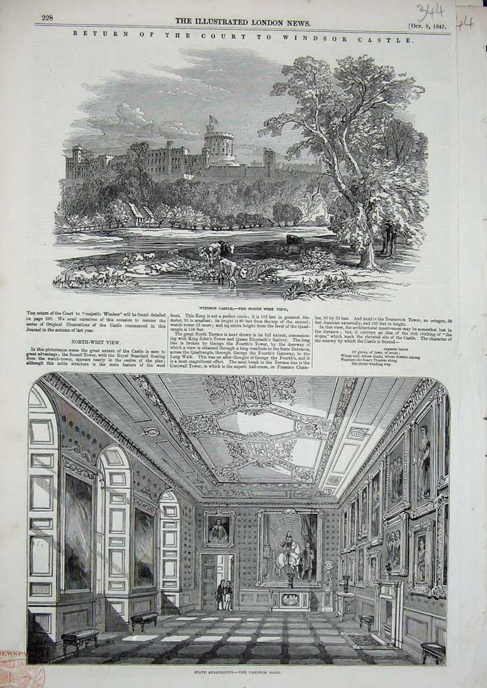Old Antique Print Windsor Castle London 1847 Vandyck Room State Apartment 19th