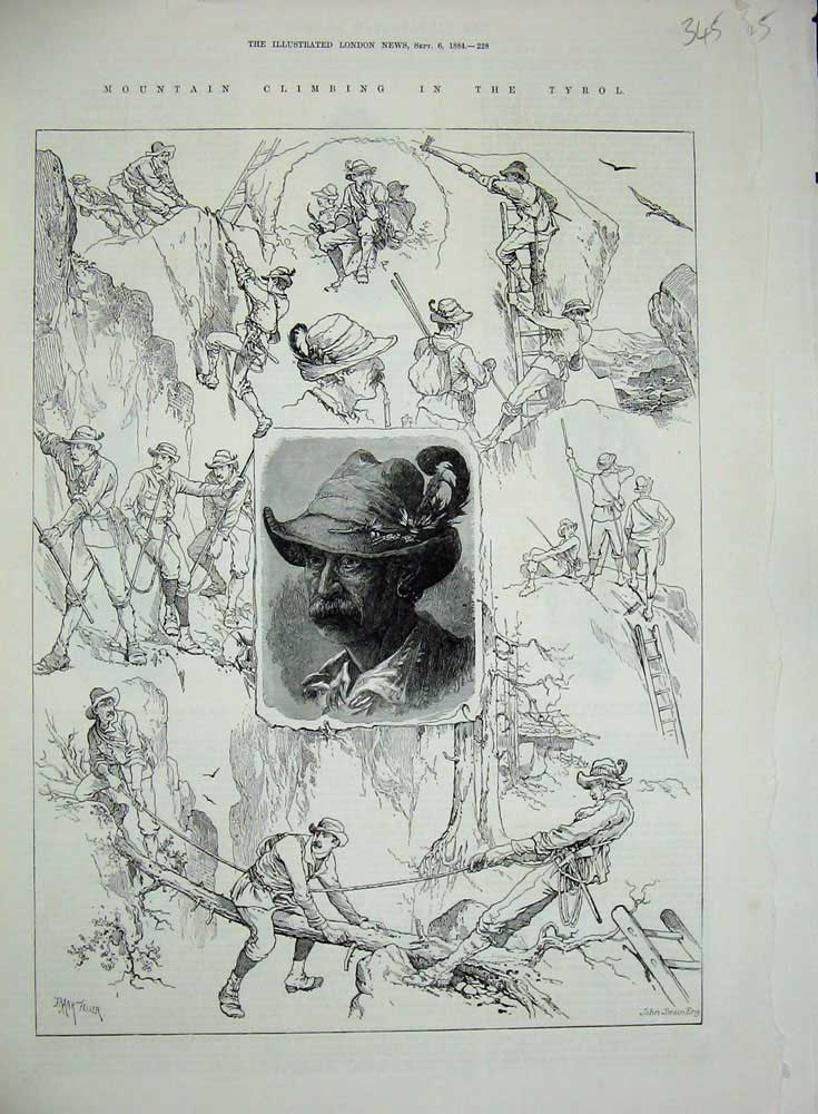 Original Old Antique Print 1884 Mountain Climbing Tyrol Men Ropes Ladders Swain