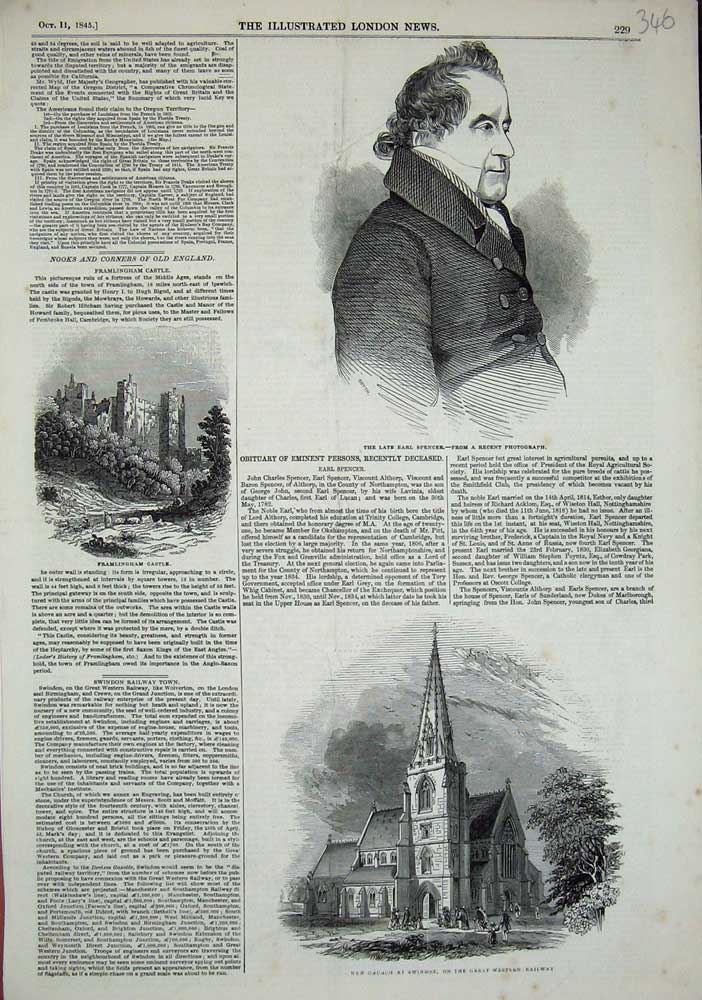 Original Old Antique Print 1845 Church Swindon Railway Earl Spencer Framlingham