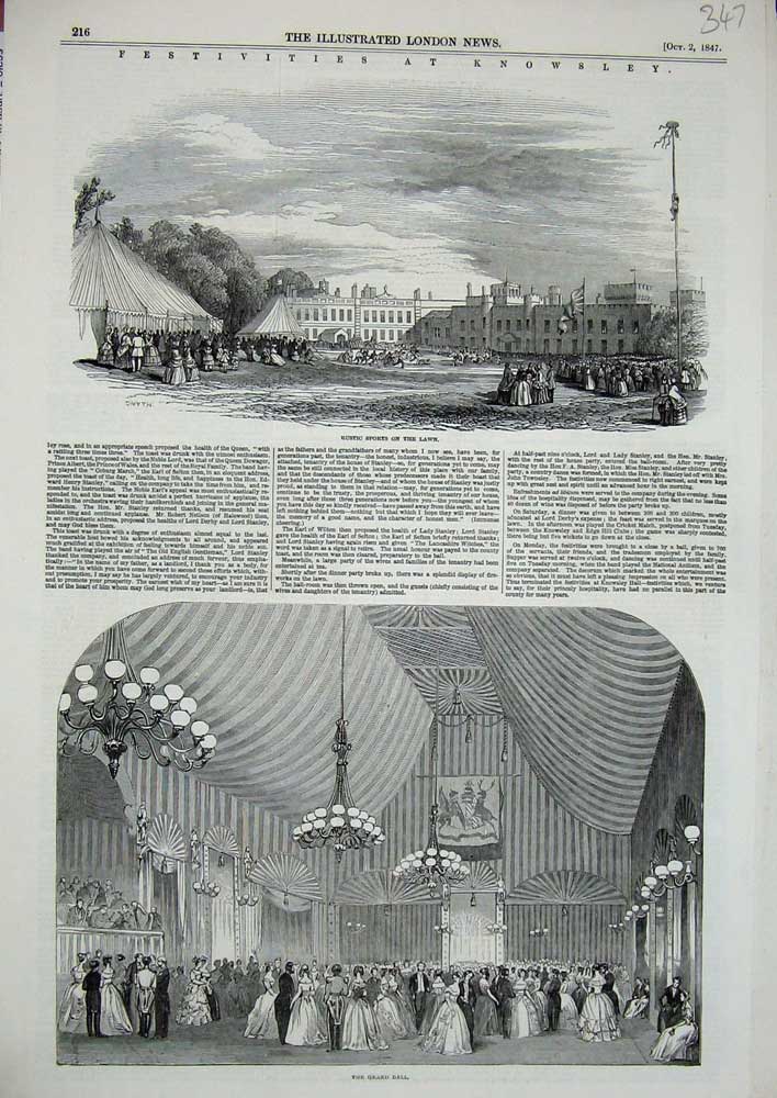 Old Antique Print 1847 Knowsley Sports Lawn Grand Ball Festivities Dance 19th