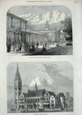 Old Antique Print Pavilion Public Gardens Buxton 1871 Townhall Rochdale 19th