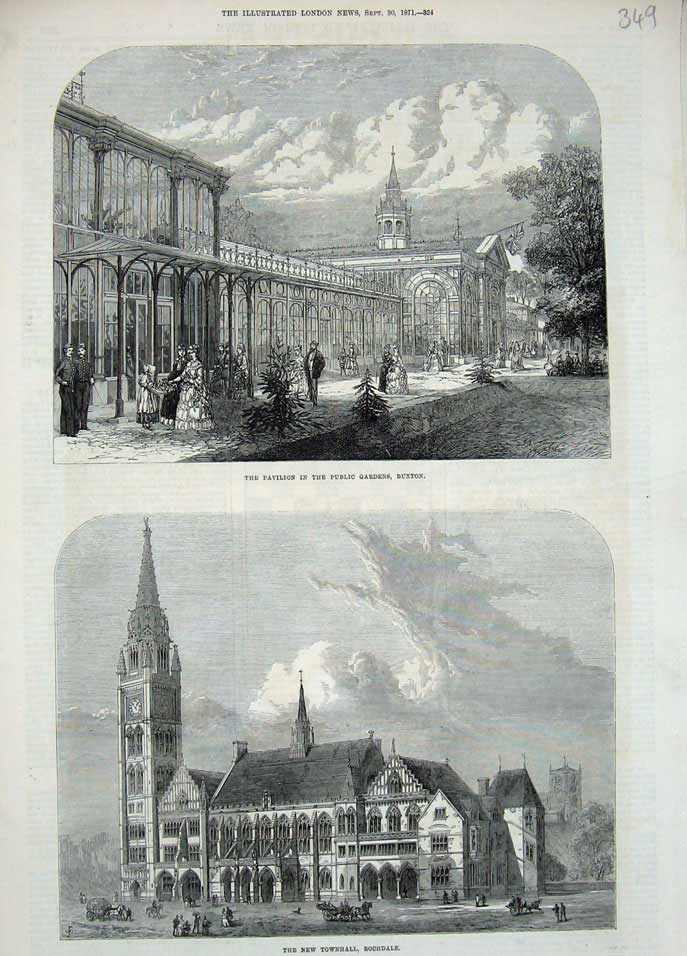 Old Antique Print Pavilion Public Gardens Buxton 1871 Townhall Rochdale 19th