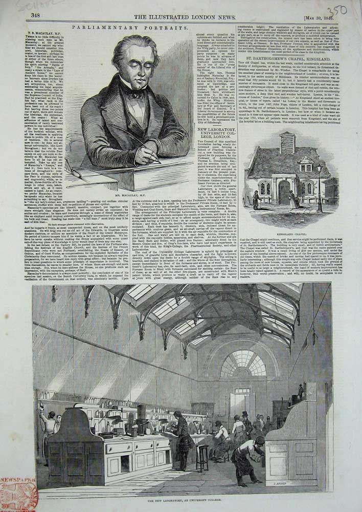 Old Antique Print 1846 Laboratory University College Macaulay Kingsland 19th