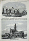Original Old Antique Print 1869 Prudhor Memorial Home Whitley Shrewsbury Market
