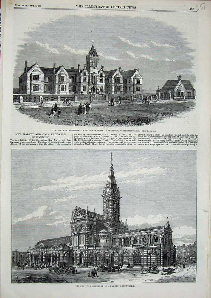 Original Old Antique Print 1869 Prudhor Memorial Home Whitley Shrewsbury Market