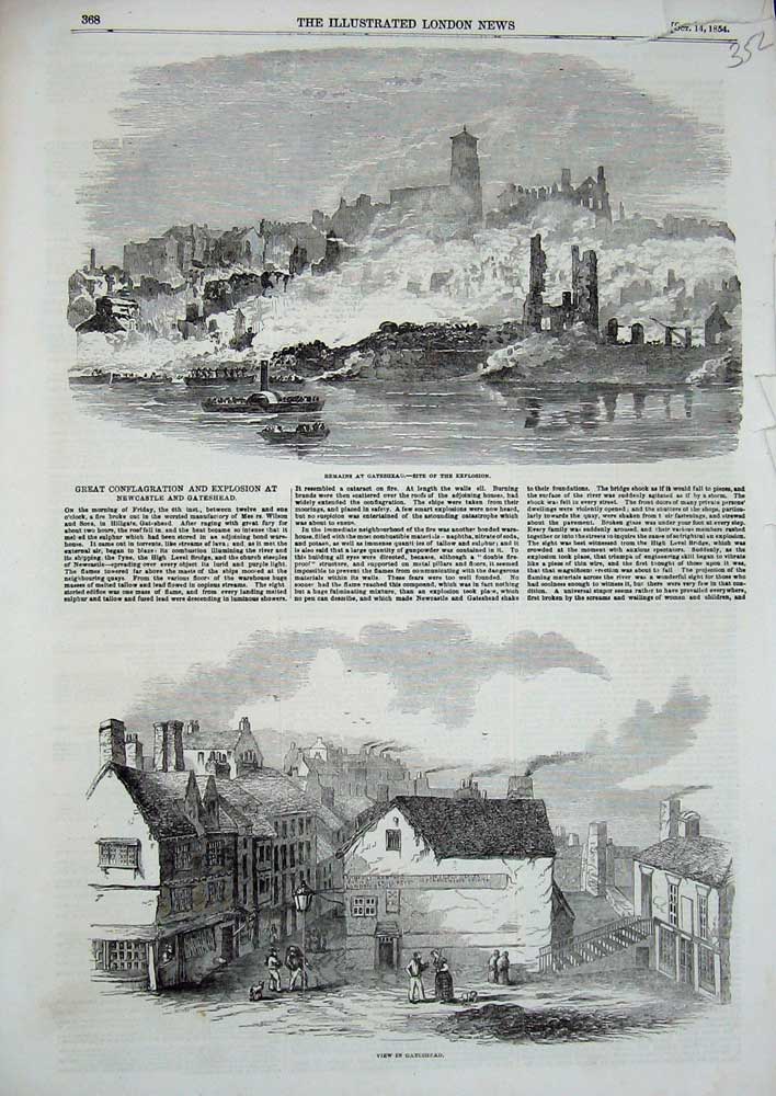 Old Antique Print 1854 View Gateshead Explosion Newcastle Ruins Buildings 19th