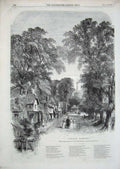 Original Old Antique Print 1856 Street Scene Trees Poem Sunday Morning Lump G