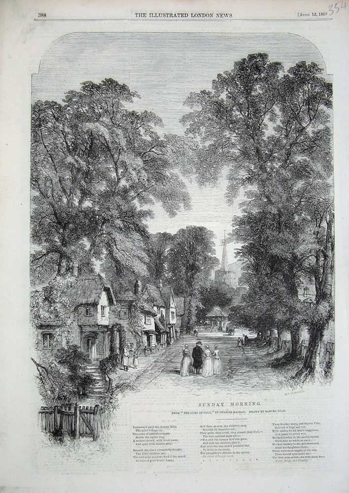 Original Old Antique Print 1856 Street Scene Trees Poem Sunday Morning Lump G
