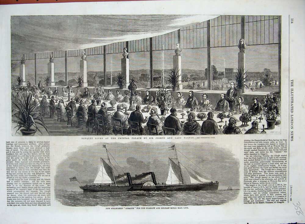 Old Antique Print 1860 Banquet Crystal Palace Paxton Giraffe Glasgow Ship 19th