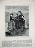 Original Old Antique Print 1879 Fine Art Ice Skating Young Women Winter 19th