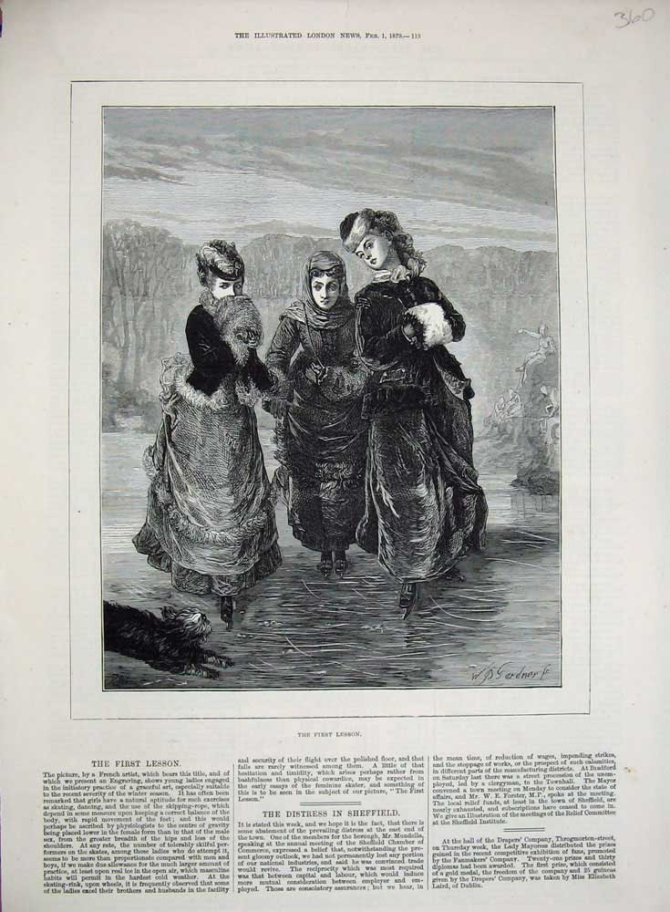 Original Old Antique Print 1879 Fine Art Ice Skating Young Women Winter 19th