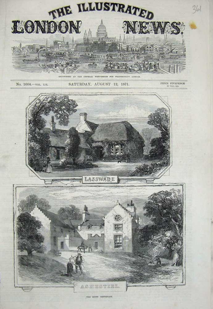 Original Old Antique Print 1871 Scott Centenary Lasswade Ashestiel Houses Farm