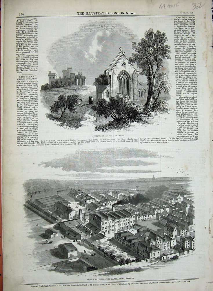 Original Old Antique Print 1859 Protestant Church Cannes France Spill'S Stepney