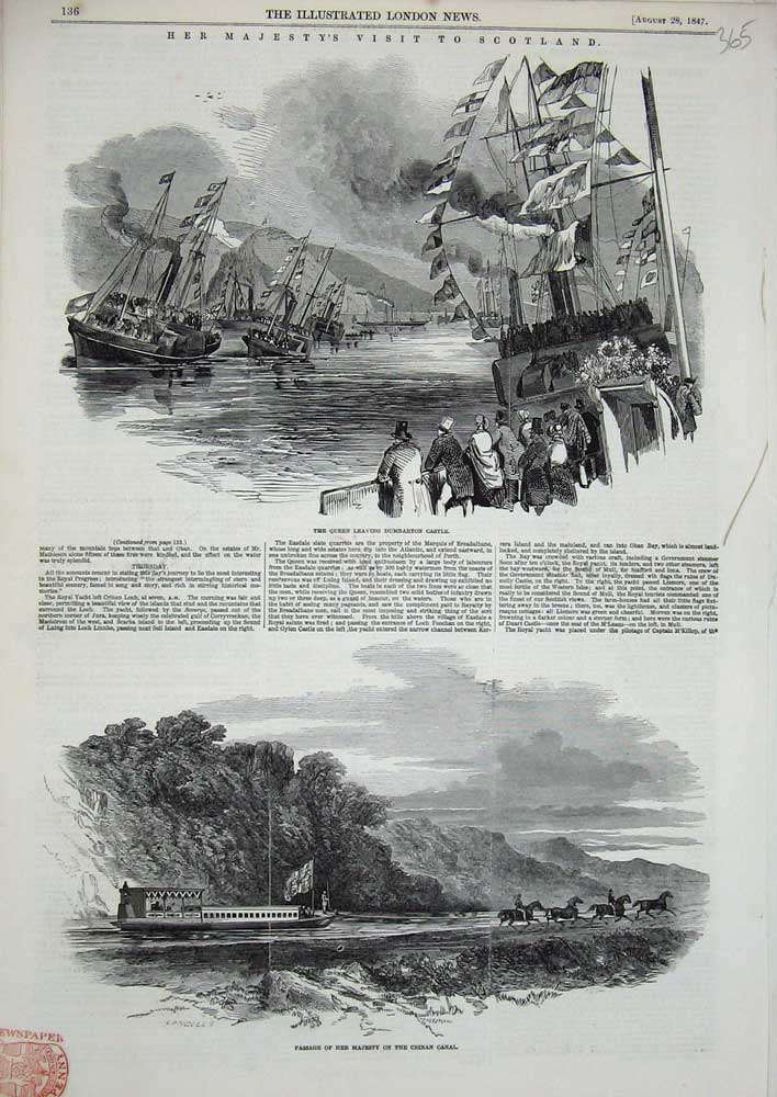 Old Antique Print 1847 Queen Scotland Dumbarton Castle Crinan Canal Boat 19th