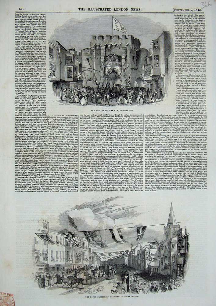 Original Old Antique Print 1843 Royal Procession Southampton Passage Bar Horses