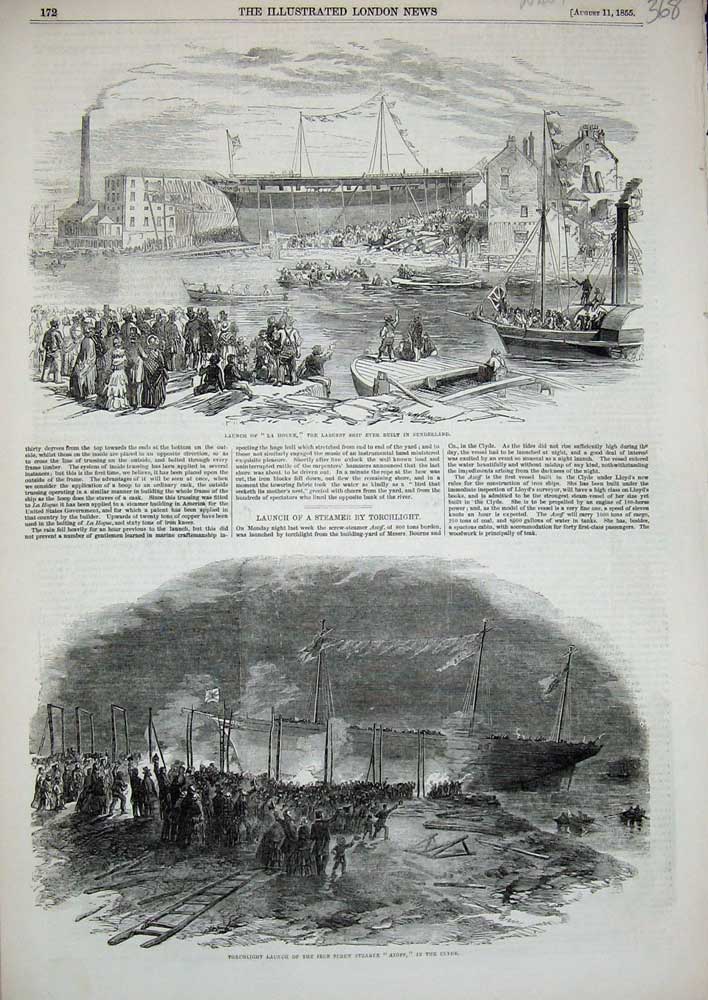 Old Antique Print 1855 Launch Ship Hogue Sunderland Steamer Azoff Clyde 19th