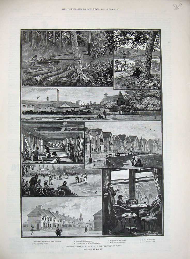 Original Old Antique Print 1884 London Lawn Tennis Cricket Kensington Woods Art