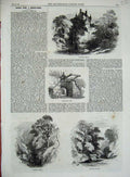 Original Old Antique Print 1868 Cawdor Castle Entrance Gate Woods Bridge River
