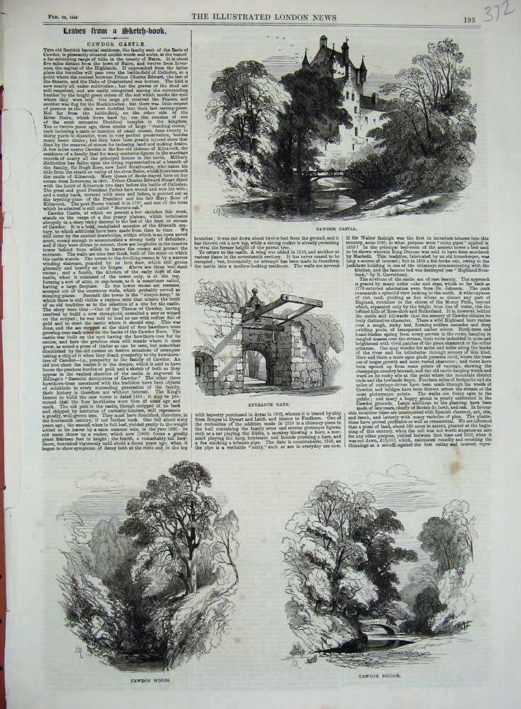 Original Old Antique Print 1868 Cawdor Castle Entrance Gate Woods Bridge River