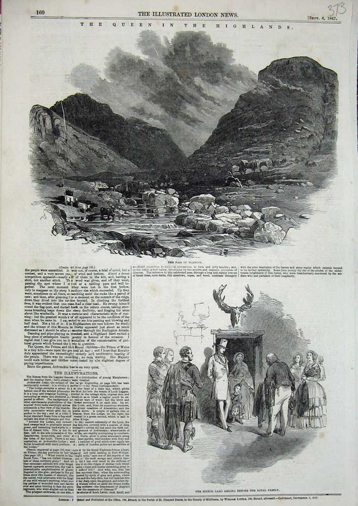 Original Old Antique Print 1847 Highlands Scotland Glencoe Scotch Bard Royal