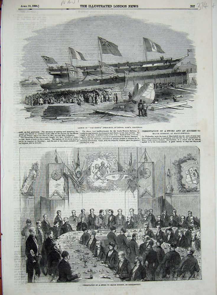 Old Antique Print 1856 Launch Genova Ship Blackwall Hibbert Macclesfield 19th