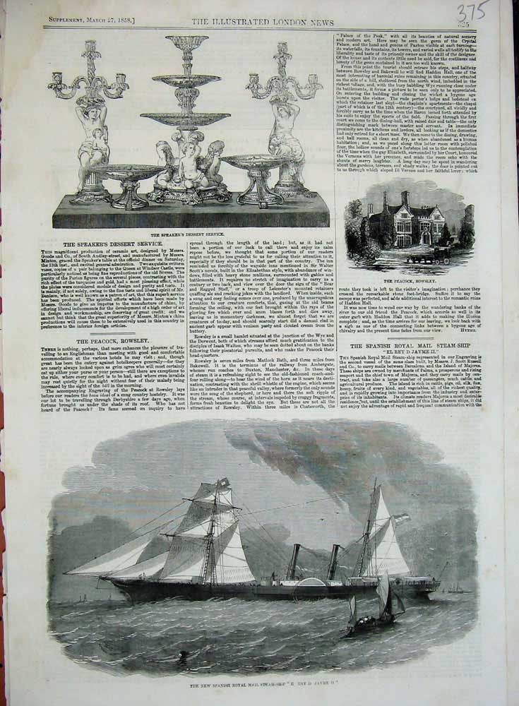 Old Antique Print 1858 Spanish Ship El Rey D.Jayme Peacock Bowsley Silver 19th
