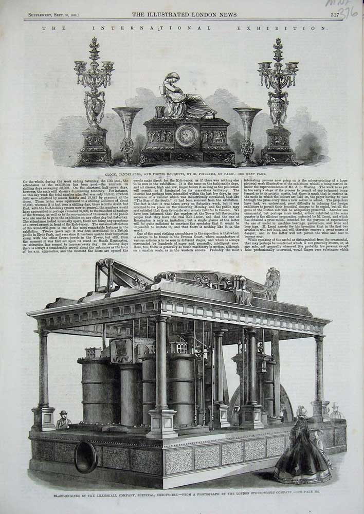 Original Old Antique Print 1862 Clock Candelabra Paris Blast Engines Shropshire