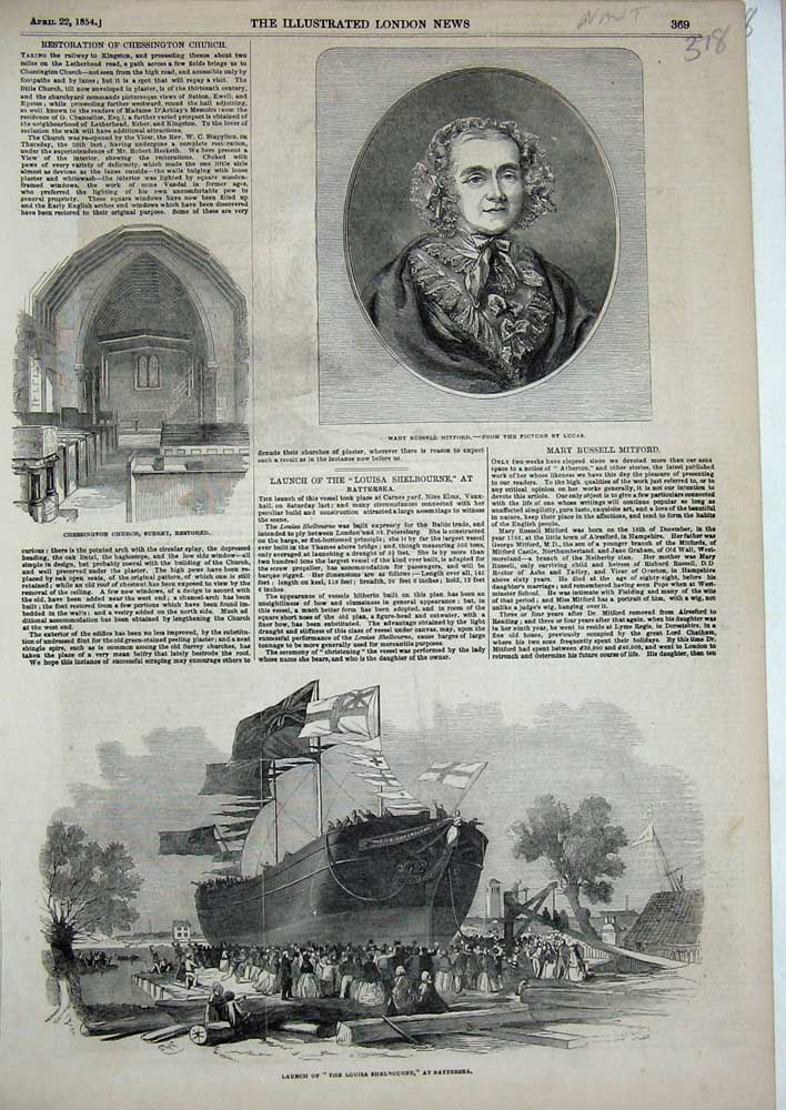 Antique Old Print 1854 Russell Mitford Chessington Church Shelbourne Ship 19th