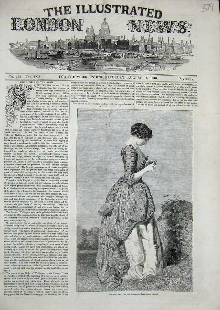 Original Old Antique Print 1846 Prophecy Flower Beautiful Lady Woman Victorian