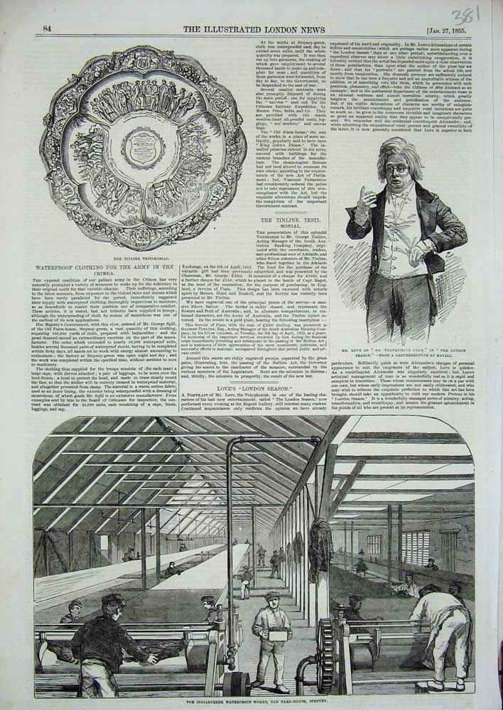 Original Old Antique Print 1855 Tinline Testimonial Theatre Indiarubber Works
