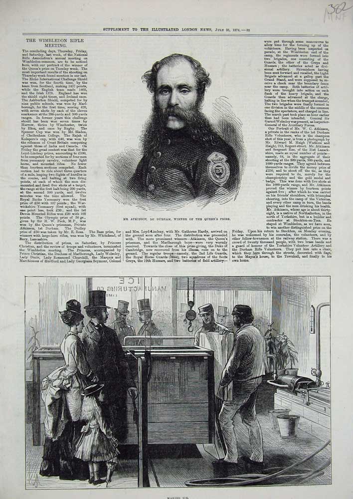 Original Old Antique Print 1874 Atkinson Wimbledon Rifle Shooting Ice Machinery