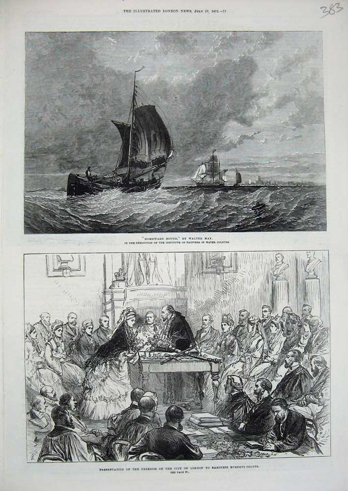 Old Antique Print 1872 Freedom City London Baroness Burdett Coutts Ships 19th