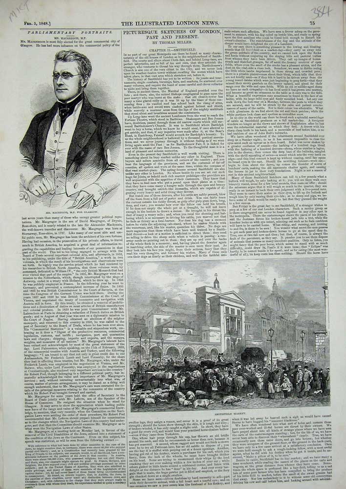 Old Antique Print 1848 Macgregor M.P Glasgow Smithfield Market Pigs Sheep 19th