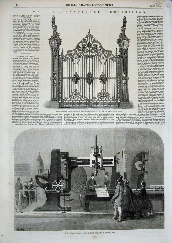Old Antique Print 1862 Ornamental Iron Gates Whitworths Drilling Machine 19th
