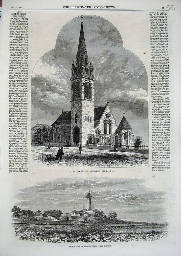 Antique Print *3512 1868 Peter'S Church Edinburgh Lighthouse Colaba Bombay