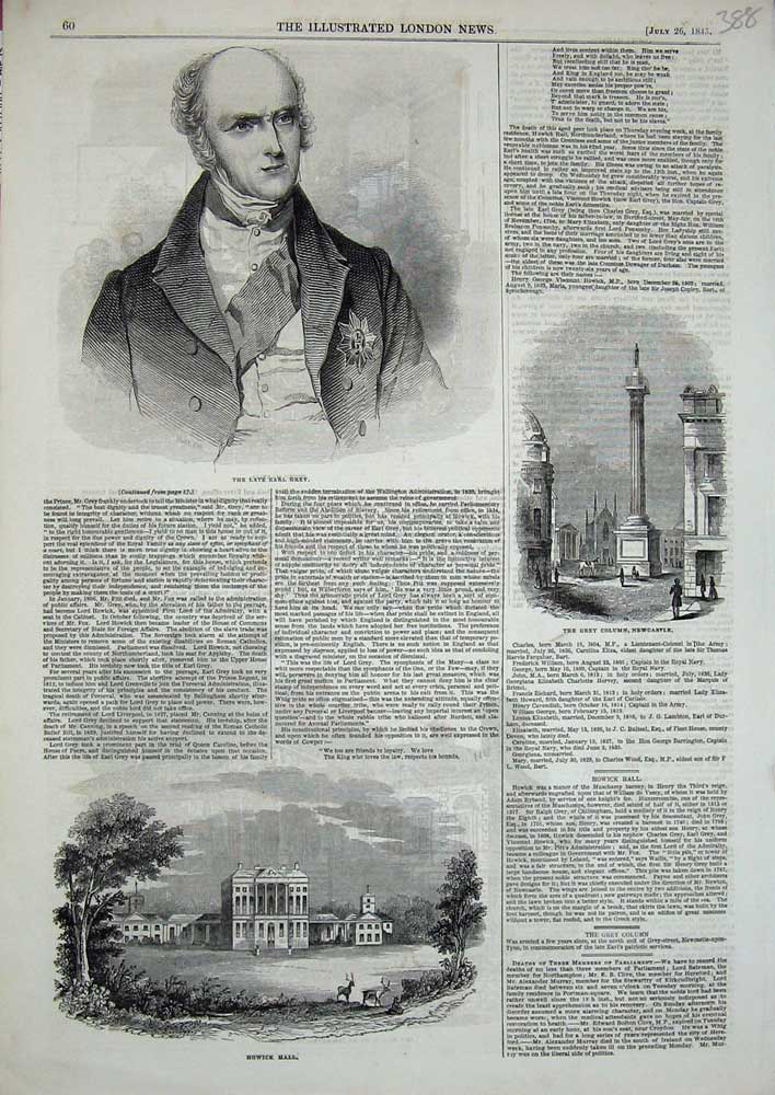 Original Old Antique Print 1845 Earl Grey Howick Hall Grey Column Newcastle