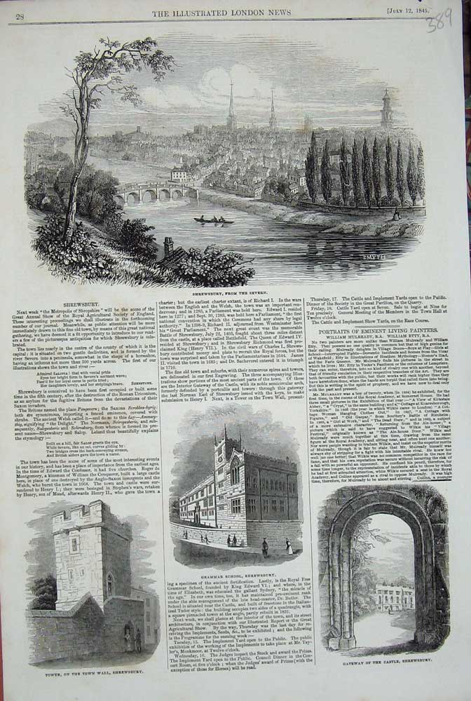Old Antique Print 1845 Shrewsbury Castle Tower Town Hall Grammar School 19th