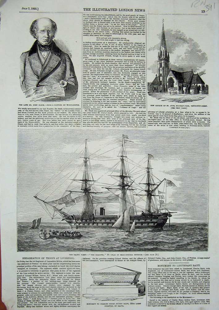 Original Old Antique Print 1855 War Ship Exmouth Seymour John Black Church Jude
