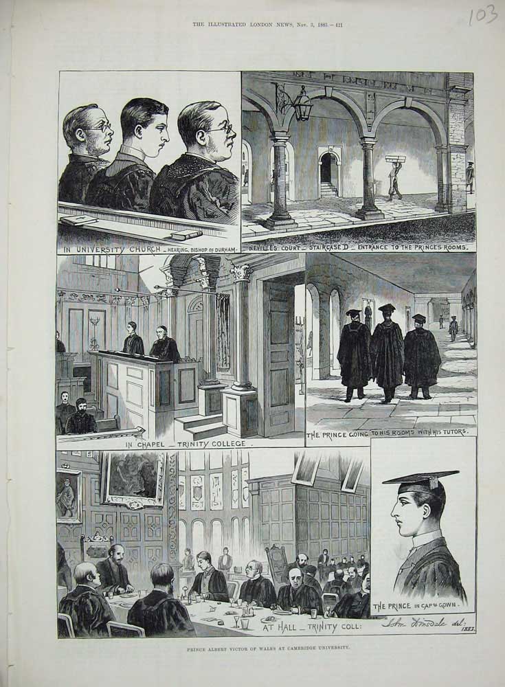 Old Antique Print Prince Albert Victor Cambridge University 1883 Church 19th