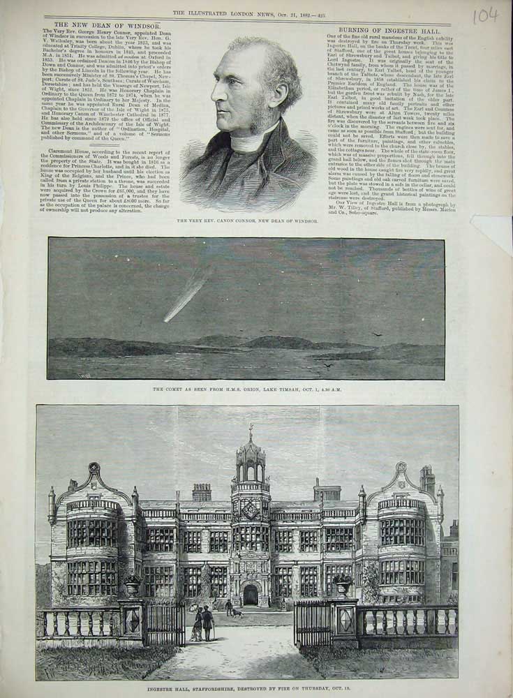 Original Old Antique Print 1882 Canon Connor Dean Windsor Ingestre Hall Comet