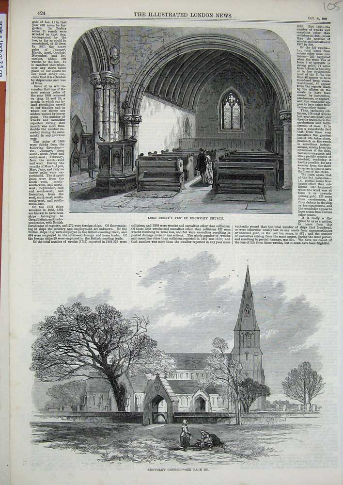Original Old Antique Print 1869 Lord Derby Pew Knowsley Church Architecture